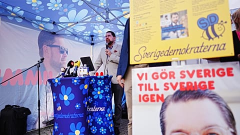 Sweden Democrats party leader Jimmie Åkesson (SD) presents the party's election manifesto for 2026 at Stora torget in Nyköping, Sweden, Monday, Sept. 7, 2026.