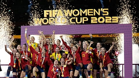 - Team Spain celebrates with the trophy after winning the Women's World Cup soccer final against England.