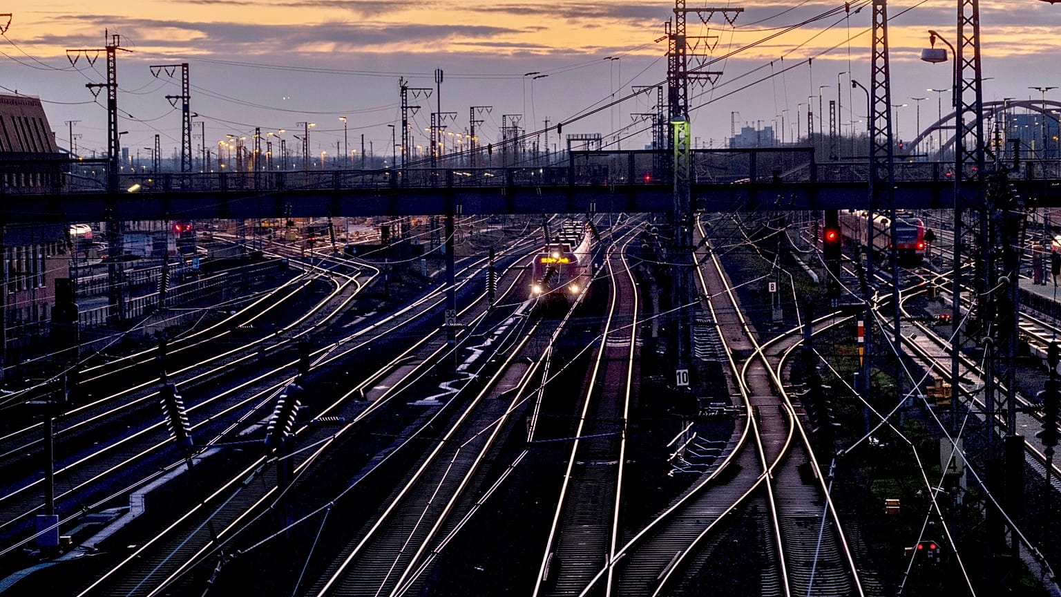 Empty rails outside the central train station in Frankfurt, Germany.