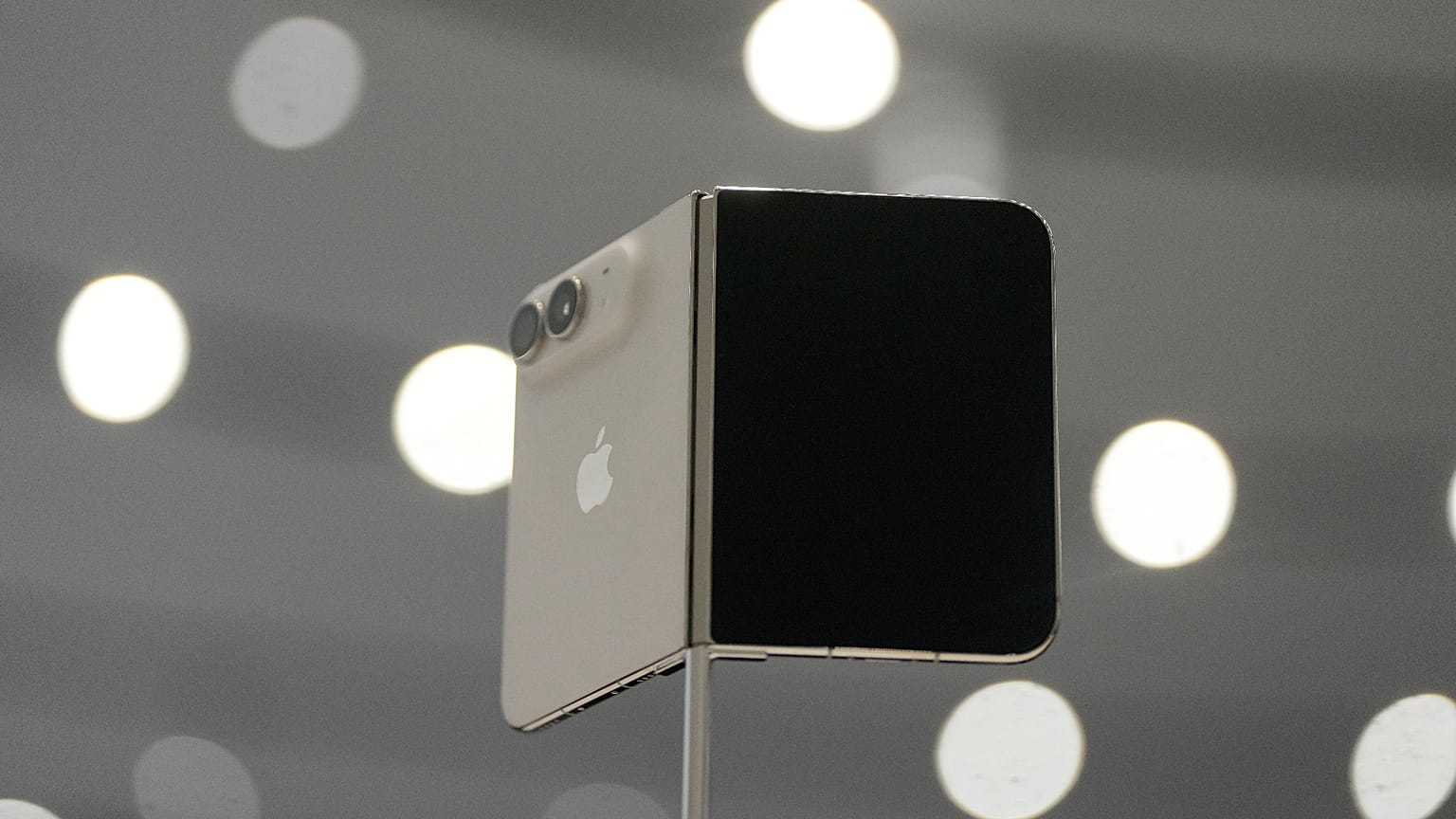 The iPhone Duo is displayed during an announcement of new products on Wednesday