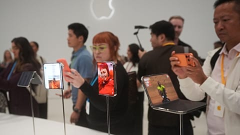 The iPhone Duo is displayed on Wednesday, Sept. 9, 2026, on the Apple campus in Cupertino, Calif. (AP Photo/Jeff Chiu)