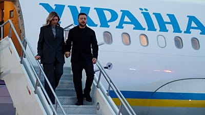 President of Ukraine Volodymyr Zelenskyy and his wife Olena Zelenska arrive in Calgary, Alberta, on Wednesday, Sept. 9, 2026.