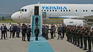 FILE: Ukrainian President Volodymyr Zelenskyy walks down the stairs from his plane upon his arrival at Esenboga airport in Ankara, Turkey, Thursday, May 15, 2025.