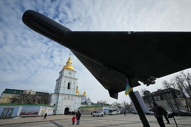 FILE: Russian drone "Geran-2" is displayed as part of an exhibition of destroyed Russian military equipment is seen in the foreground.  Feb. 28, 2026,