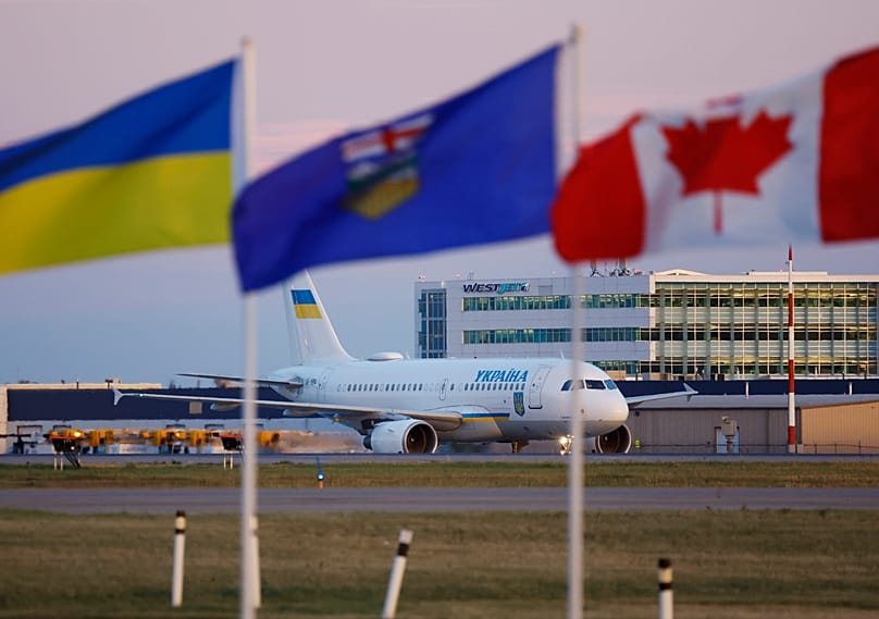 Ukrainian President Volodymyr Zelenskyy's plane arrives in Calgary, Alberta, Wednesday, Sept. 9, 2026