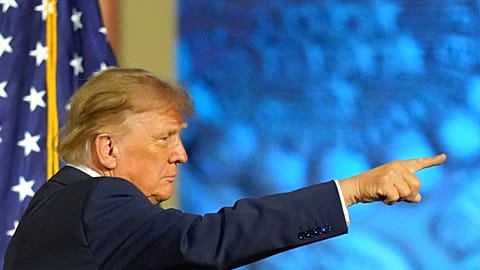 President Donald Trump gestures as he finishes his speech at the Republican convention Wednesday, 9 Sept. 2026, in Dallas. 