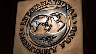 The IMF logo seen on the headquarters building in Washington