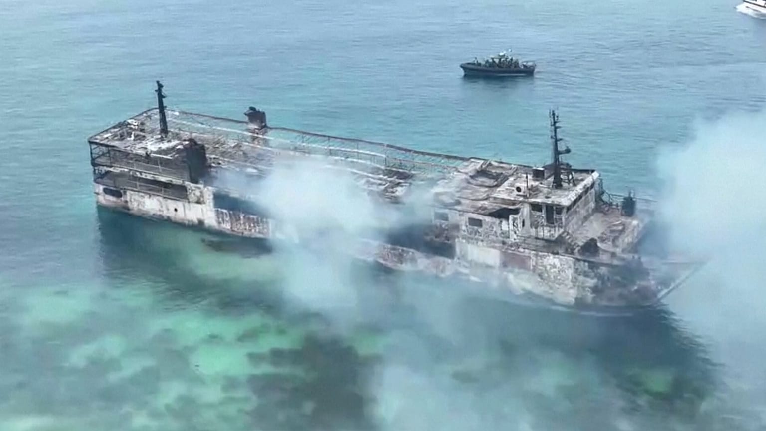 Philippine Coast Guard video shows remains of ferry MV June Aster after fire off Palawan, western Philippines, Thursday Sept. 10, 2026.