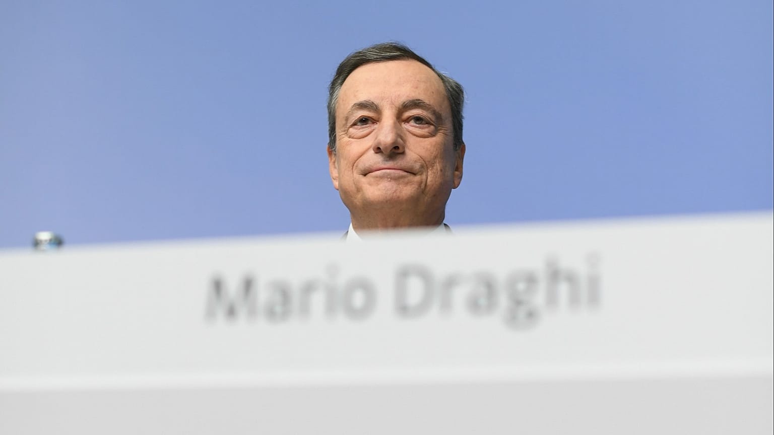Former Italian Prime Minister Mario Draghi attends a news conference at the ECB headquarters in Frankfurt, Germany, Thursday, Oct. 26, 2017.