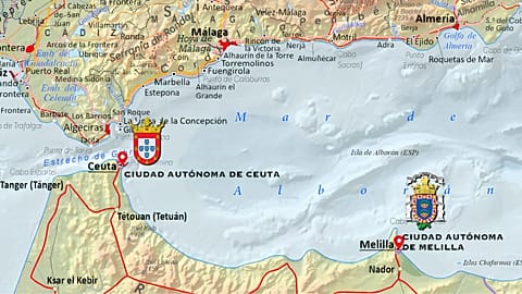 Imagen de un mapa con las ciudades autónomas españolas de Ceuta y Melilla.