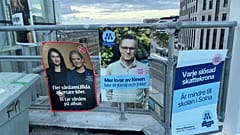 Election posters of Swedish poitical parties with one of them from Social Democrats shows their healthcare slogan, Solna, Sweden (9 September, 2026)