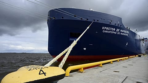 Russian Arctic LNG tanker Arc7class Christophe de Margerie is moored during the naming ceremony during the International Economic Forum in St. Petersburg, Russia, June 2017.