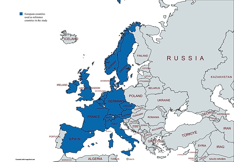 Países europeos de referencia incluidos en el estudio de modelización.