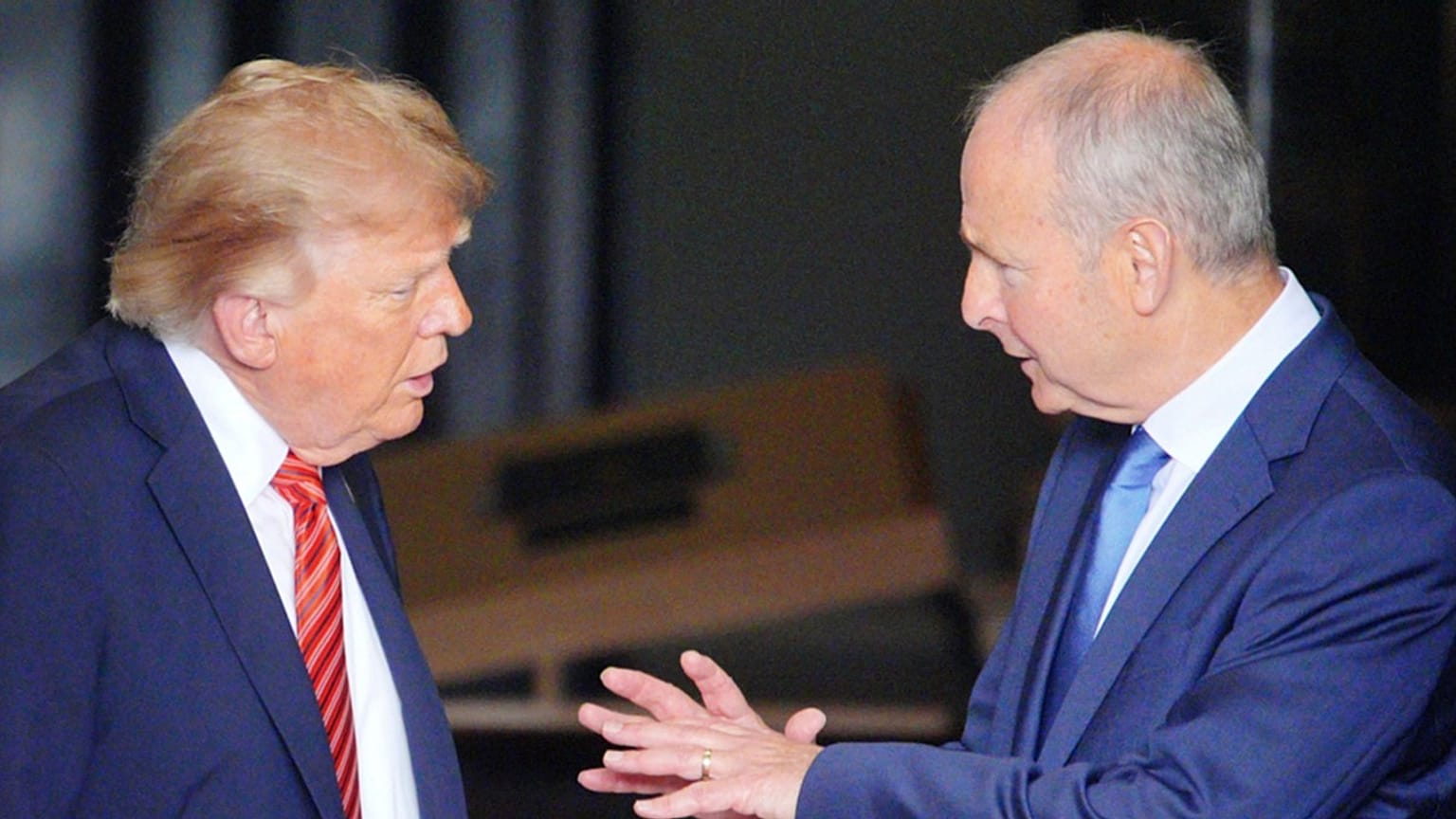 US President Donald Trump speaks with Irish Prime Minister Micheal Martin, right, as he leaves Farmleigh House, in Dublin, Saturday, Sept. 12, 2026