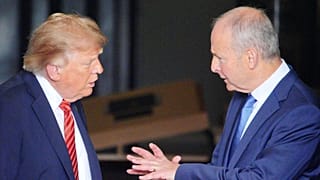 US President Donald Trump speaks with Irish Prime Minister Micheal Martin, right, as he leaves Farmleigh House, in Dublin, Saturday, Sept. 12, 2026