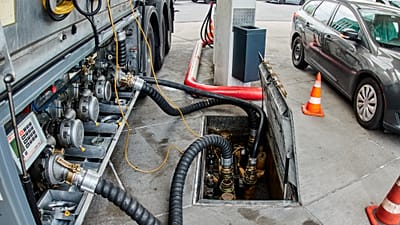 Bildunterschrift  In Frankfurt am Main wird am Donnerstag, 16. April 2026, Kraftstoff aus einem Tanklastwagen an einer Tankstelle angeliefert.