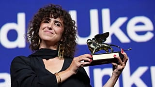 Director May el-Toukhy poses after receiving the Golden Lion for best film during the closing ceremony of the 83rd Venice Film Festival on Saturday, Sept. 12, 2026