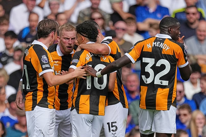Hull City players celebrate after Hull City's Mohamed Belloumi