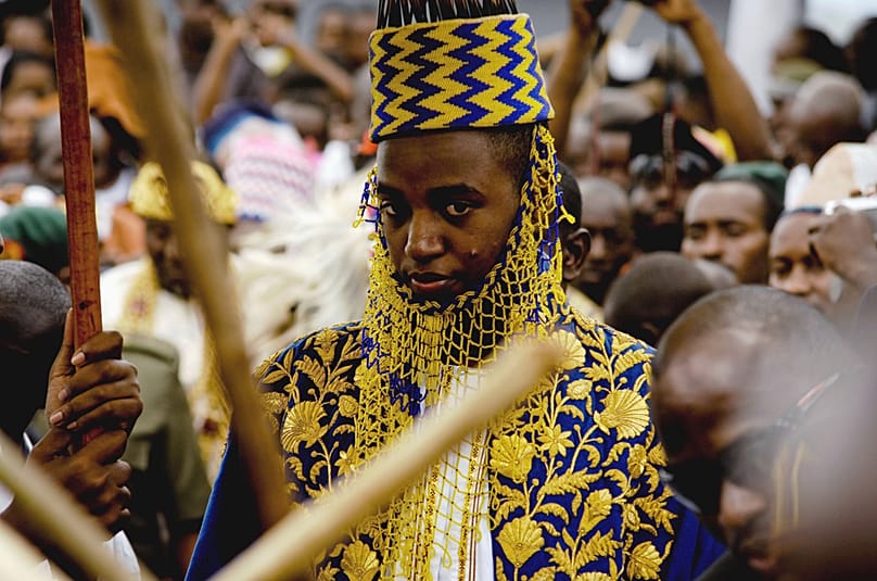 FILE - Uganda's King of the Tooro Kingdom, King Oyo Nyimba Kabamba Iguru Rukidi IV, during his 18th birthday at Fort Portal, Uganda, Saturday, April 17, 2010. 