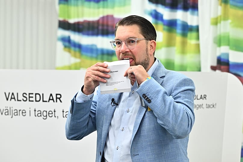Leader of the Sweden Democrats party Jimmie Akesson votes in Rinkeby, a suburb of Stockholm