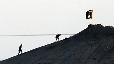 En 2014, des combattants de l'EI, depuis les environs de Suruç, à la frontière entre la Turquie et la Syrie, après avoir hissé le drapeau de l'organisation..