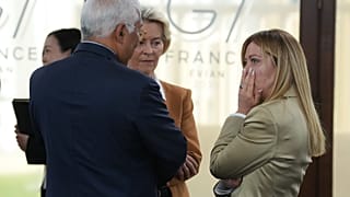 Giorgia Meloni z przewodniczącą Komisji Europejskiej von der Leyen i przewodniczącym Rady Europejskiej Antonio Costą podczas szczytu G7 w Evian-les-Bains, 16 czerwca 2026