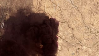 FILE. This image provided by Planet Labs PBC shows a plume of black smoke rising from a Saudi Aramco oil refinery, north of Abha, Saudi Arabia, 8 Sept. 2026