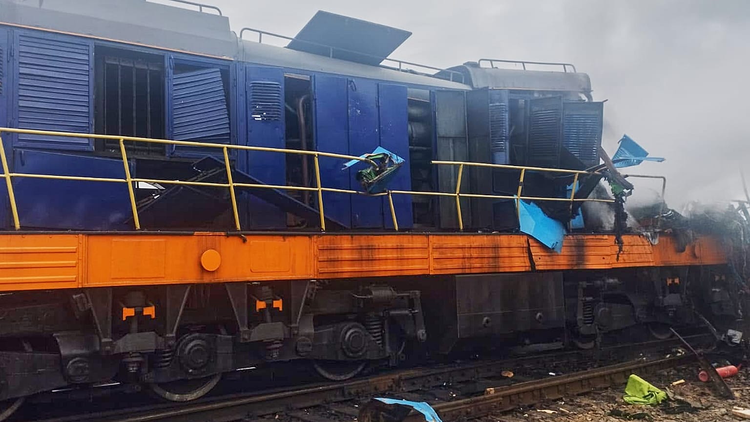 A train damaged in a Russian drone attack at Yahodyn railway station near Ukraine's border with Poland on Sunday.