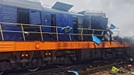 A train damaged in a Russian drone attack at Yahodyn railway station near Ukraine's border with Poland on Sunday.