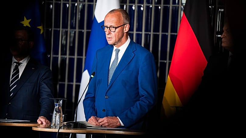 German Chancellor Friedrich Merz speaks during a press conference as part of the European Arctic Summit in Rovaniemi, Finland, Monday, Sept. 14, 2026.
