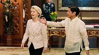 Philippine President Ferdinand Marcos Jr., right, gestures beside European Commission President Ursula von der Leyen during her visit in Philippines, July 2023.