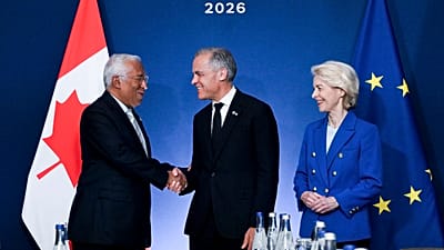  European Council President Antonio Costa, Canadian Prime Minister Mark Carney and European Commission President Ursula von der Leyen