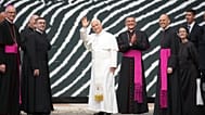 Pope Leo XIV arrives at the Vatican Library during a press preview of the exhibit "AQVA," 