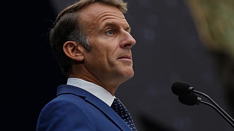 French President Emmanuel Macron delivers a speech at the International Space Summit at the Grand Palais in Paris, Thursday, Sept. 10, 2026. 