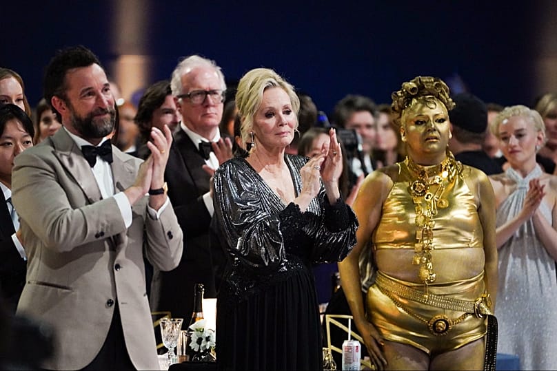 Noah Wyle, left, Jean Smart and Megan Stalter at the Television Academy's 78th Emmy Awards at the Peacock Theater in Los Angeles, 14 September 2026