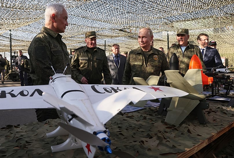 Vladimir Putin inspects Russian weapons and equipment at the Russian-Belarusian joint military drills "Zapad 2025", Russia, Sept. 16, 2025. 