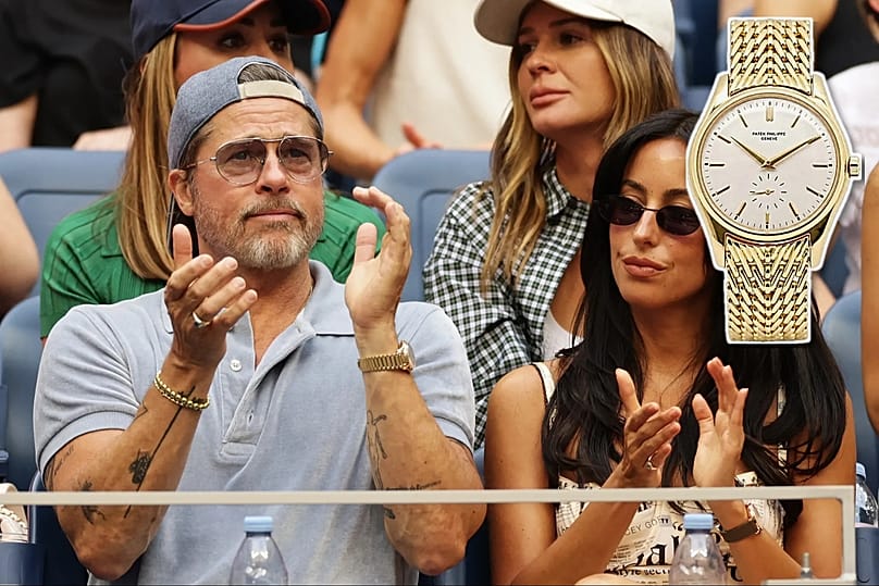 Tapsra ösztönöz: Brad Pitt színész és az ékszertervező Ines de Ramon a US Open női egyes döntőjén New Yorkban, 2026. szeptember 12.