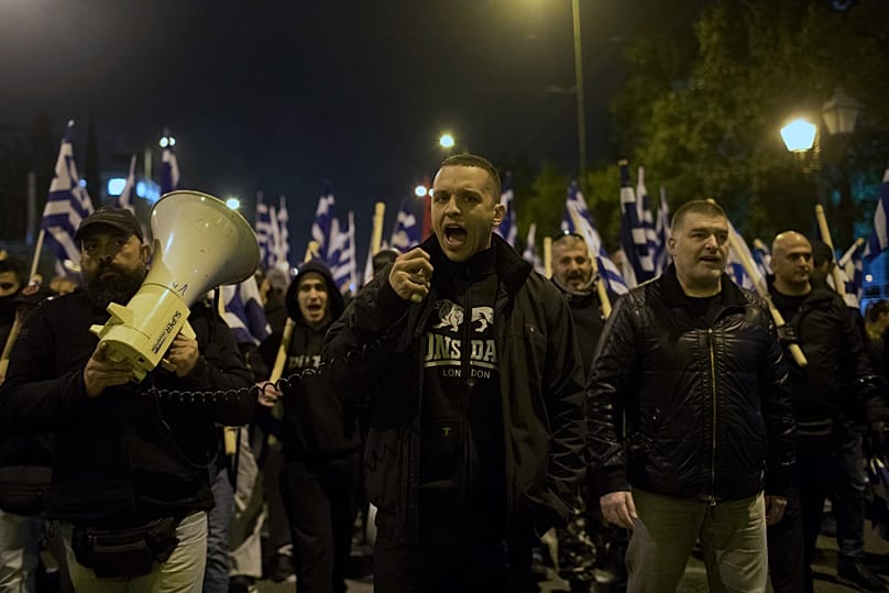 Golden Dawn spokesman Ilias Kasidiaris shouts slogans during protest in Athens in 2018