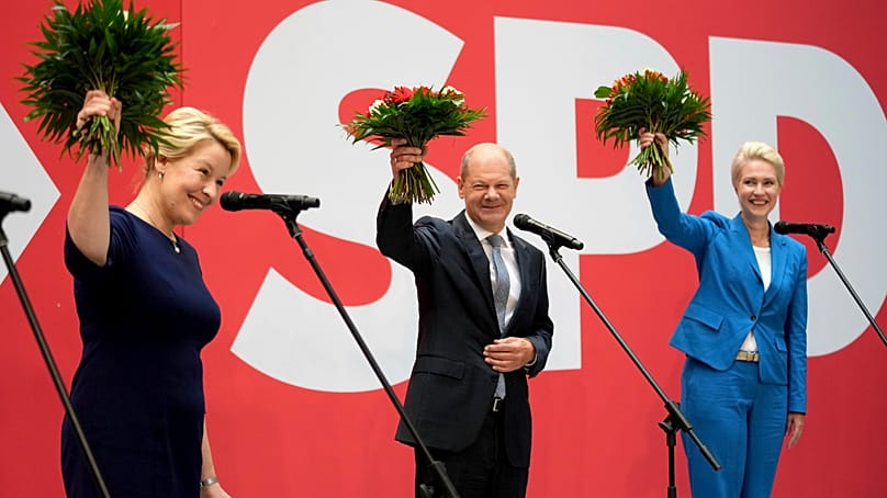 Franziska Giffey, Olaf Scholz und Manuela Schwesig nach der Berlin-, Bundestag- und Landtagswahl in Mecklenburg-Vorpommern, September 2021
