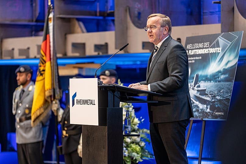 Boris Pistorius (SPD) Bundesminister der Verteidigung bei der Kiellegung des Flottendienstbootes der Bundeswehr in Wolgast, Mecklenburg-Vorpommern, 14. September 2026
