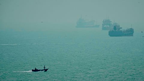 Commercial vessels anchored in the Strait of Hormuz off Bandar Abbas, Iran, 7 September 2026.