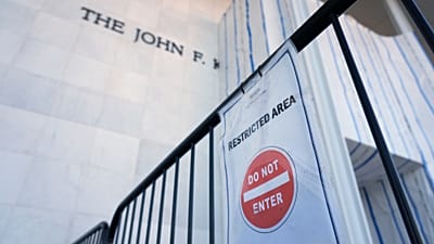 A sign is placed on a gate outside the John F. Kennedy Center for the Performing Arts in Washington, Tuesday, Sept. 15, 2026. (AP Photo/Jacquelyn Martin)