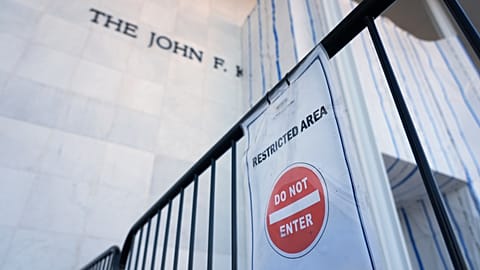 A sign is placed on a gate outside the John F. Kennedy Center for the Performing Arts in Washington, Tuesday, Sept. 15, 2026. (AP Photo/Jacquelyn Martin)