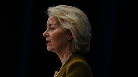 European Commission President Ursula von der Leyen delivers a speech at the International Space Summit at the Grand Palais in Paris, Thursday, Sept. 10, 2026. (AP Photo/Aureli