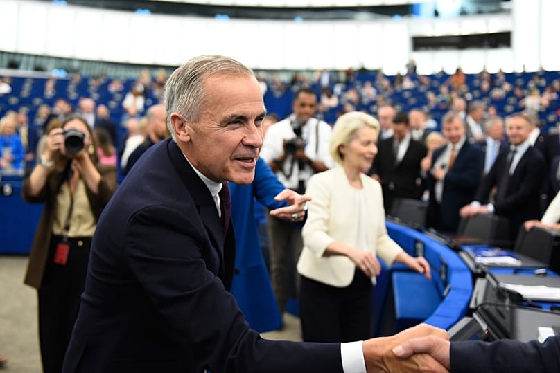 Mark Carney et Ursula von der Leyen arrivent pour le discours annuel sur l'état de l'UE au Parlement européen à Strasbourg, le mercredi 16 septembre 2026