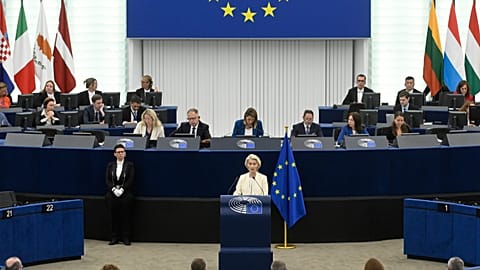 European Commission President Ursula von der Leyen delivers a speech with Canada's Prime Minister Mark Carney, right, at the annual State of the European Union at the European
