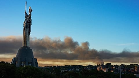Smoke rises following a Russian missile attack in Kyiv, Ukraine, early Tuesday, Sept. 8, 2026.