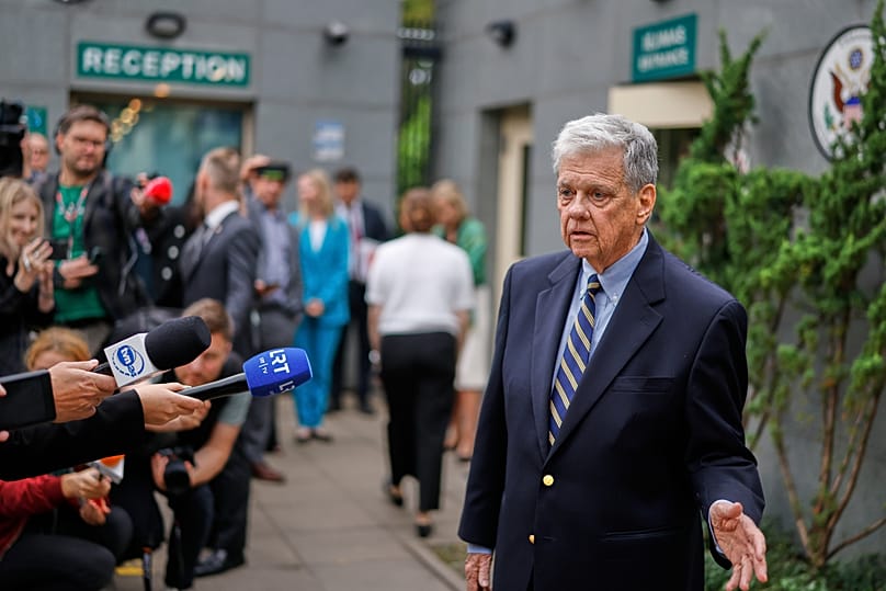 US envoy John Coale speaks to journalists outside the U.S. Embassy in Vilnius, Lithuania. 11 September 2025