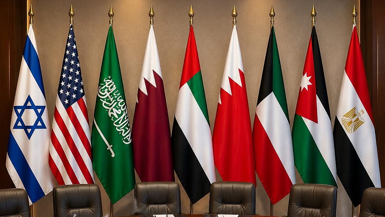 صورة لأعلام الدول التسع: إسرائيل، الولايات المتحدة، السعودية، قطر، الإمارات، البحرين، الكويت، الأردن ومصر. 