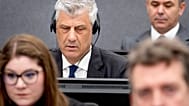Former Kosovo president Hashim Thaci, top left, appears before the Kosovo Tribunal 